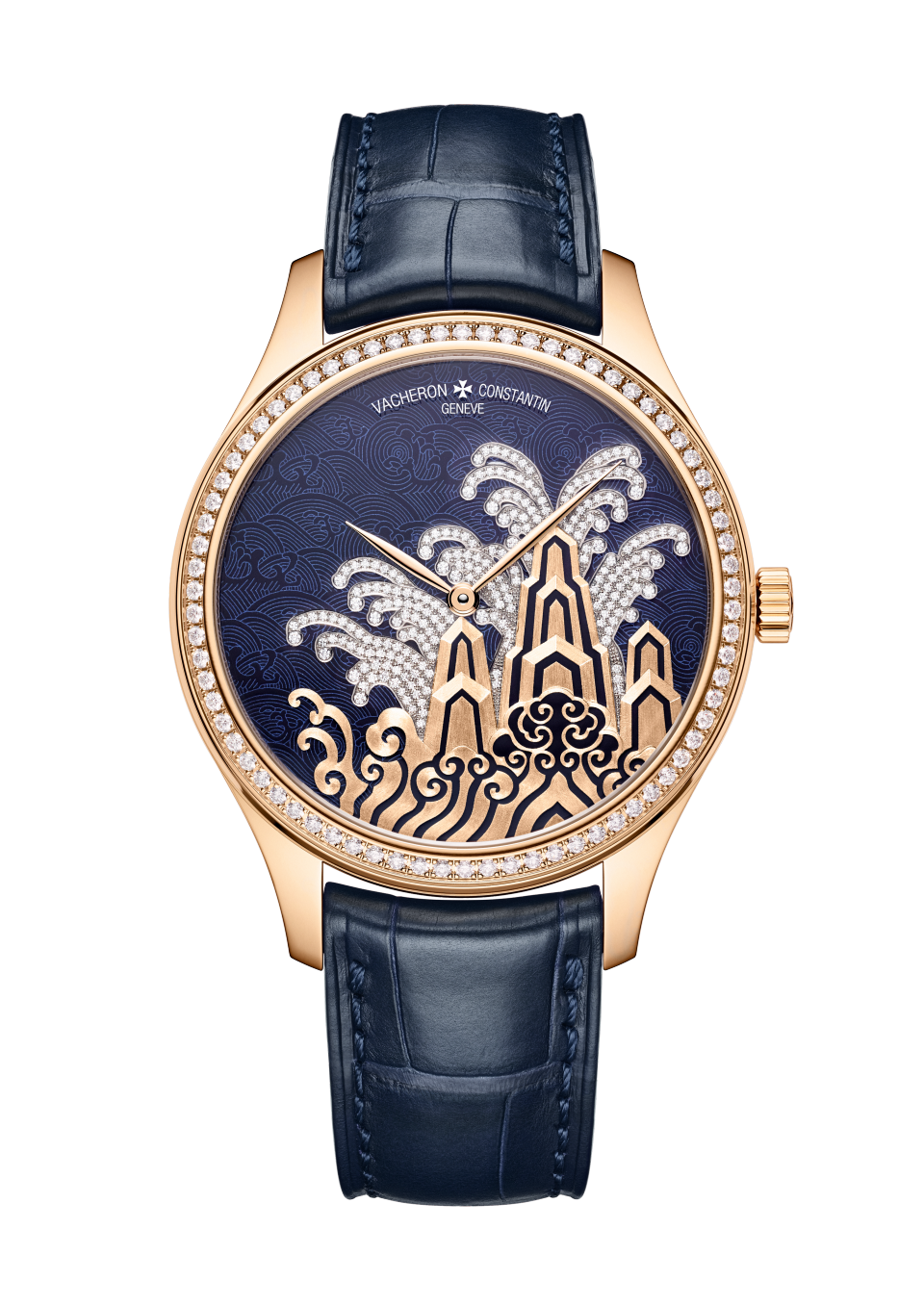 Vacheron Constantin Métiers d'Art Tribute to traditional symbols - Moonlight slivers 38 mm Blue Dial with Diamonds 18K Pink Gold Alligator Leather Strap 2405A/000R-H022