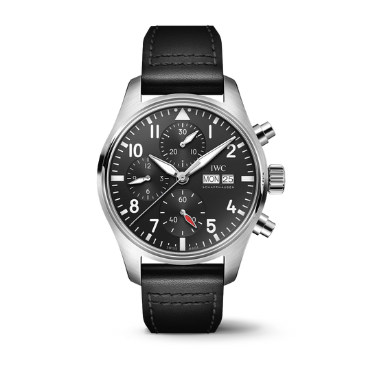 IWC Schaffhausen Pilot’s Watch Chronograph 41  mm Black Dial Stainless Steel Black Calfskin Strap IW388111