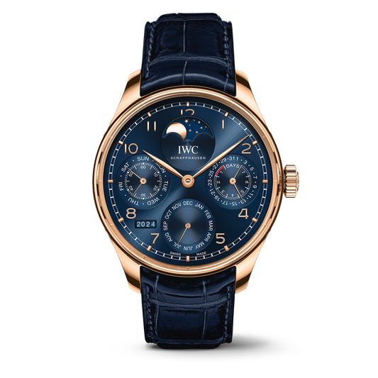 IWC Schaffhausen Portugieser Perpetual Calendar 44.2 mm Blue Dial 18k Armor Gold Blue Alligator Leather Strap IW503312