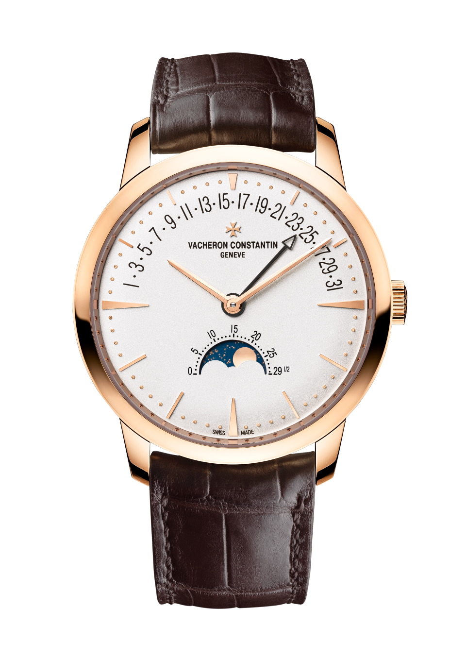 Vacheron Constantin Patrimony moon phase retrograde date 42.5 mm Silver Dial 18K Pink Gold Alligator Leather Strap 4010U/000R-B329