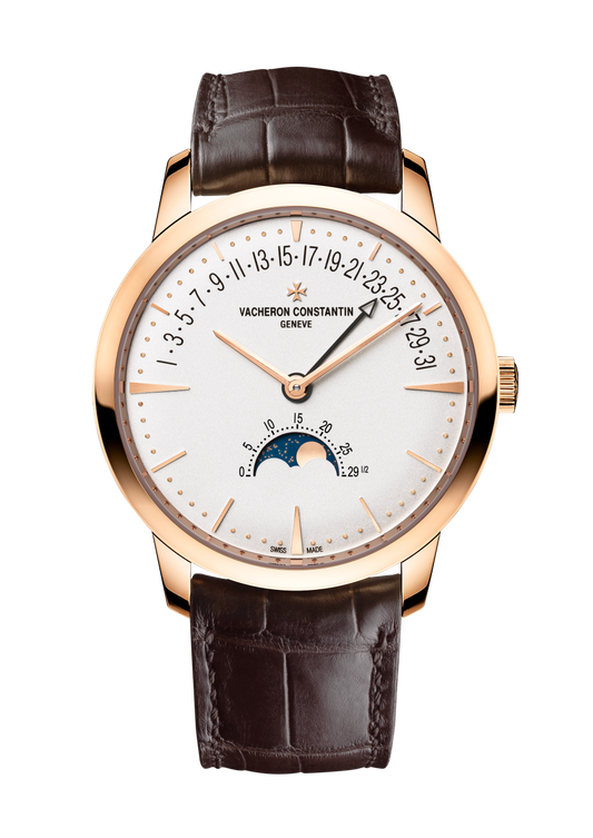 Vacheron Constantin Patrimony moon phase retrograde date 42.5 mm Silver Dial 18K Pink Gold Alligator Leather Strap 4010U/000R-B329