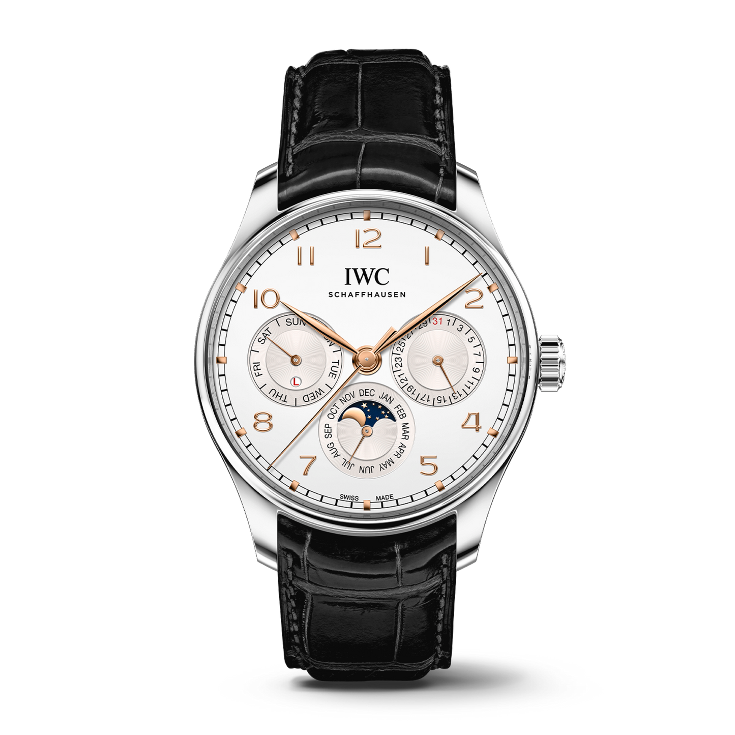 IWC Schaffhausen Portugieser Perpetual Calendar 42.4 mm Silver Dial Stainless Steel Black Alligator Leather Strap IW344203