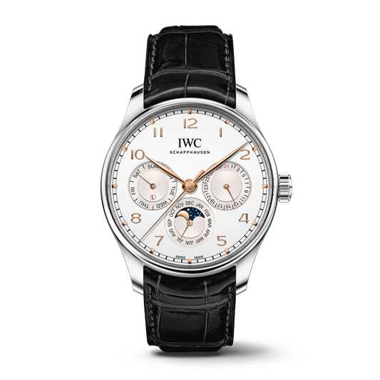 IWC Schaffhausen Portugieser Perpetual Calendar 42.4 mm Silver Dial Stainless Steel Black Alligator Leather Strap IW344203