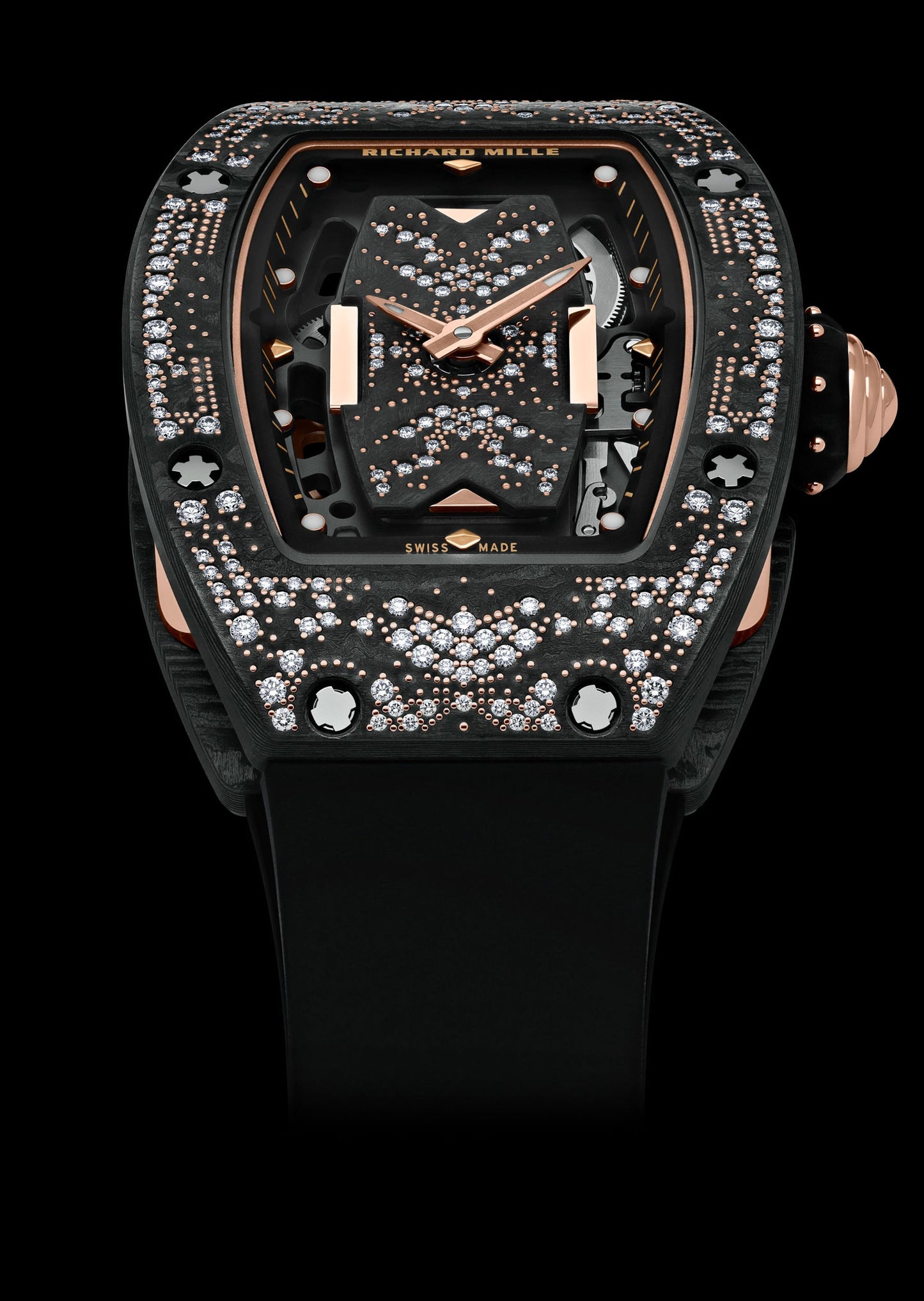 Richard Mille RM 07-01 Automatic Winding Intergalactic 30 mm 18k Rose Gold With Diamonds Dial Stainless Steel With Diamonds Rubber Strap Black rm-07-01