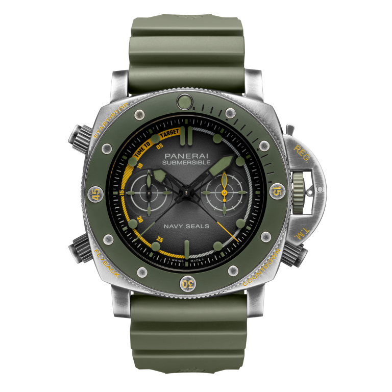 Panerai Submersible Chrono Navy SEALs Special Operations Experience Edition 47 mm Black Dial Brushed Brunito Steel Caoutchouc Military Green Strap PAM01402