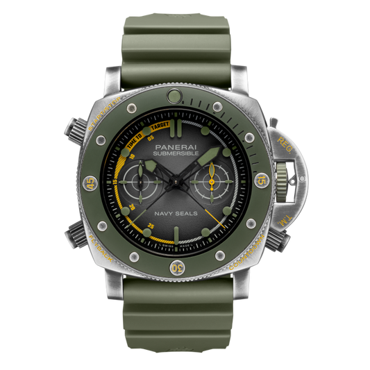 Panerai Submersible Chrono Navy SEALs Special Operations Experience Edition 47 mm Black Dial Brushed Brunito Steel Caoutchouc Military Green Strap PAM01402