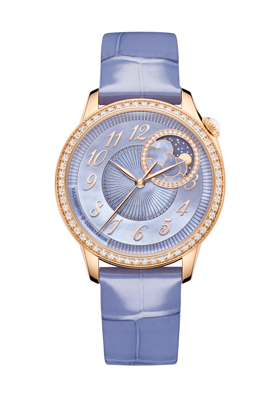 Vacheron Constantin Égérie moon phase 37 mm Blue Dial with Diamonds 18K Pink Gold Leather Strap 8005F/000R-H030