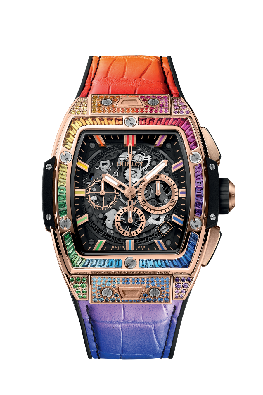 Hublot Spirit of Big Bang King Gold Rainbow 42 mm Transparent Dial with Diamonds Polished 18K King Gold Alligator Leather Strap 642.OX.0118.LR.0999