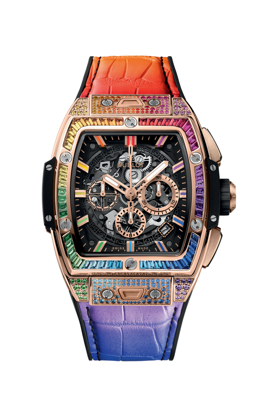 Hublot Spirit of Big Bang King Gold Rainbow 42 mm Transparent Dial with Diamonds Polished 18K King Gold Alligator Leather Strap 642.OX.0118.LR.0999