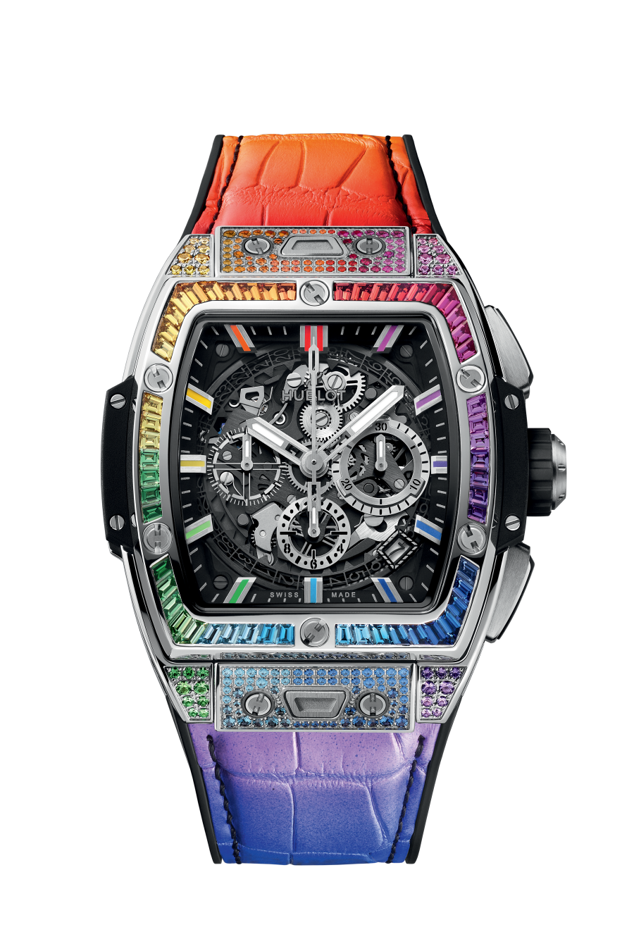 Hublot Spirit of Big Bang Titanium Rainbow 42 mm Transparent Dial with Diamonds Polished Titanium Alligator Leather Strap 642.NX.0117.LR.0999