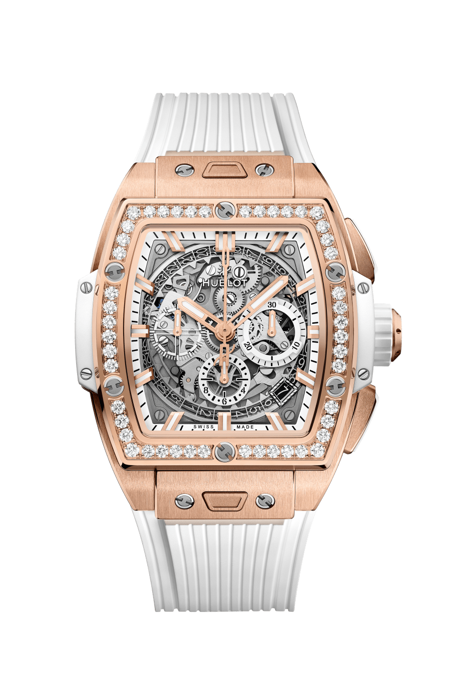 Hublot Spirit of Big Bang King Gold White Diamonds 42 mm Transparent Dial with Diamonds Polished 18K King Gold Rubber Strap 642.OE.2010.RW.1204