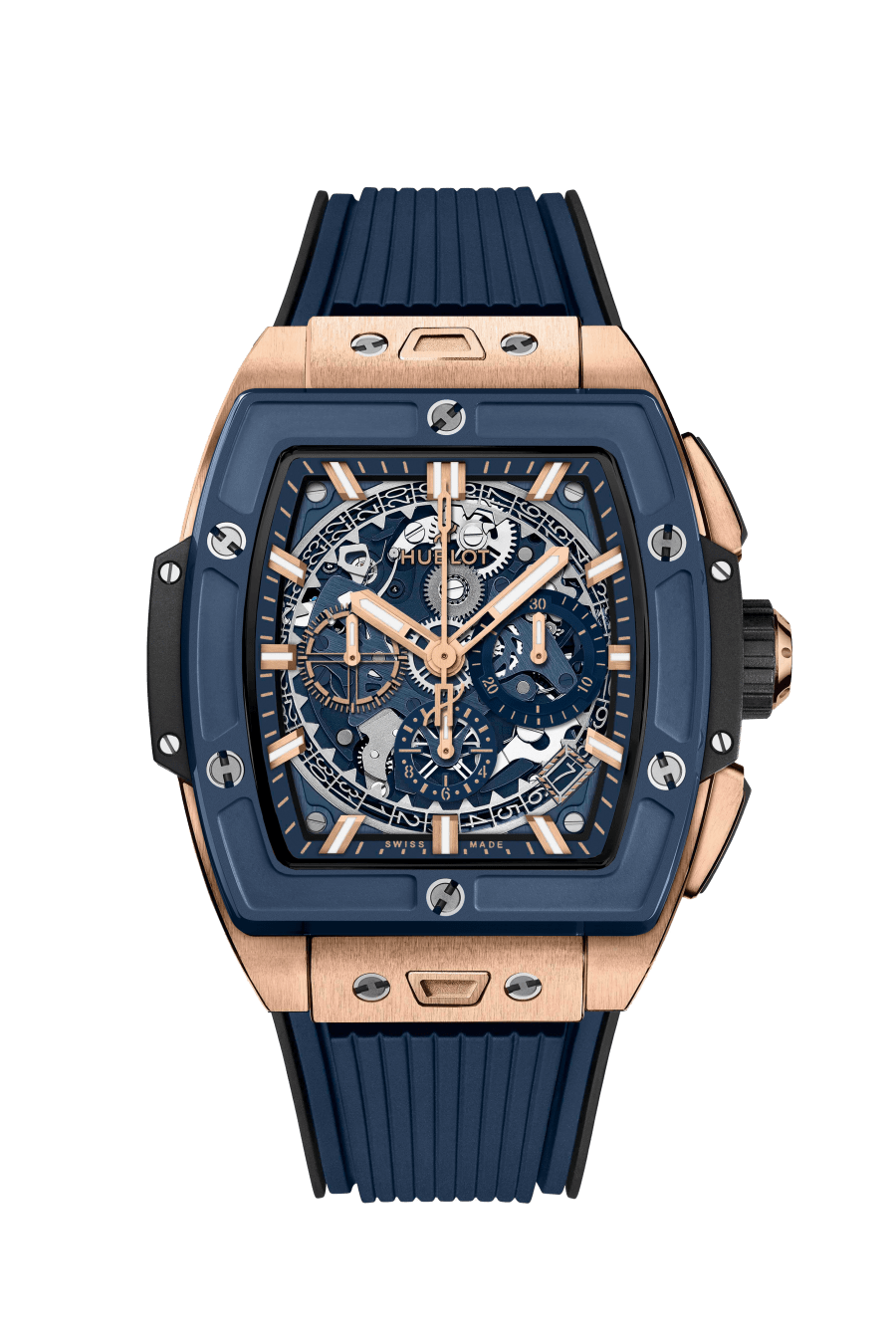 Hublot Spirit of Big Bang King Gold Blue Ceramic 42 mm Transparent Dial Polished 18K King Gold Rubber Strap 642.OL.7180.RX