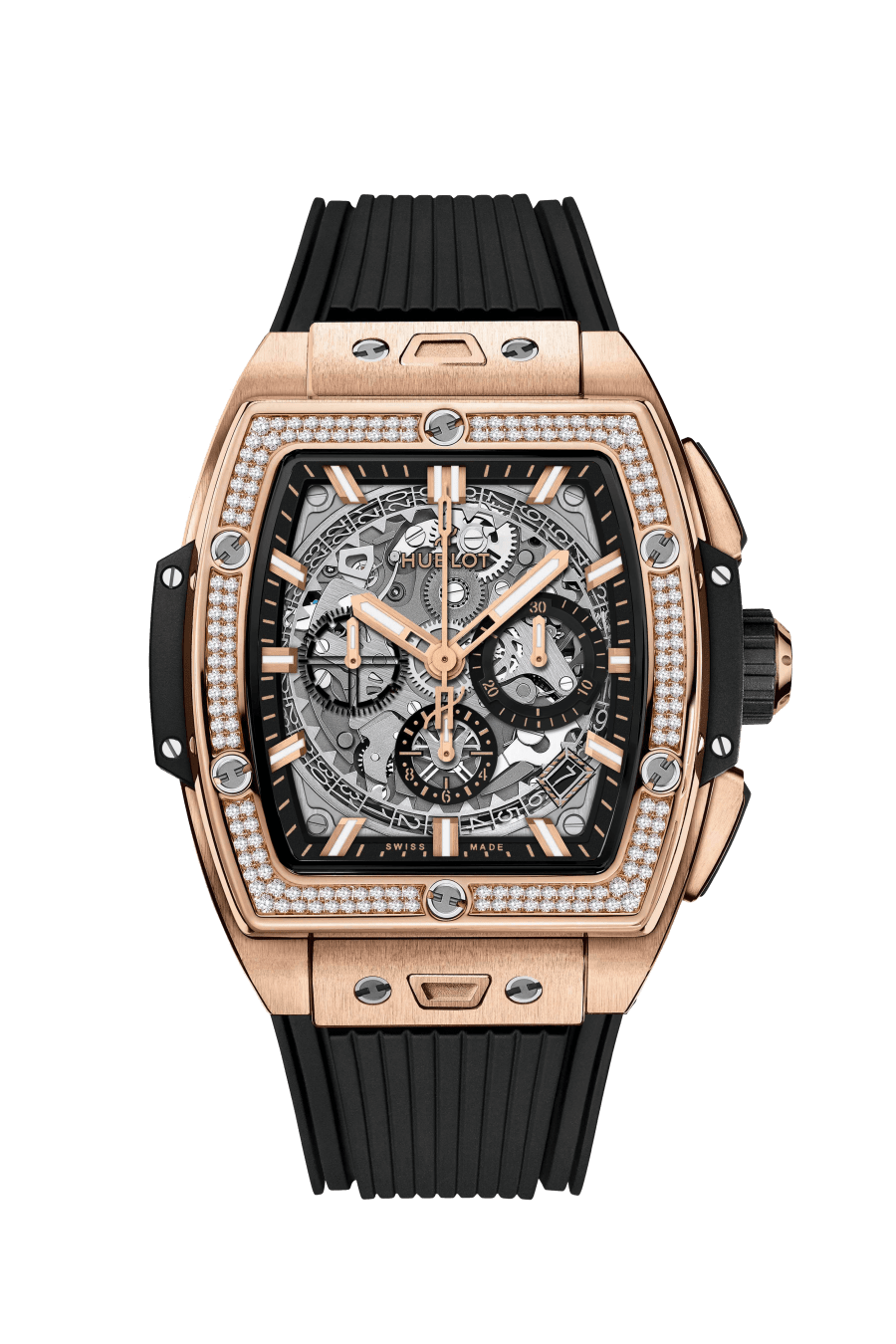 Hublot Spirit of Big Bang King Gold Diamonds 42 mm Transparent Dial with Diamonds Polished 18K King Gold Rubber Strap 642.OX.0180.RX.1104