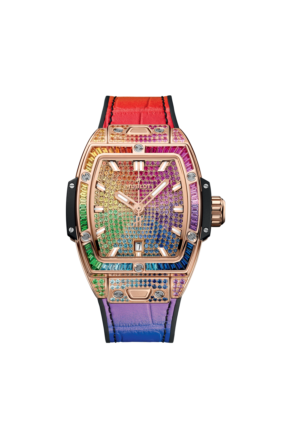 Hublot Spirit of Big Bang King Gold Rainbow 32 mm Diamond Paved Dial Polished 18K King Gold Alligator Leather Strap 682.OX.9900.LR.0999