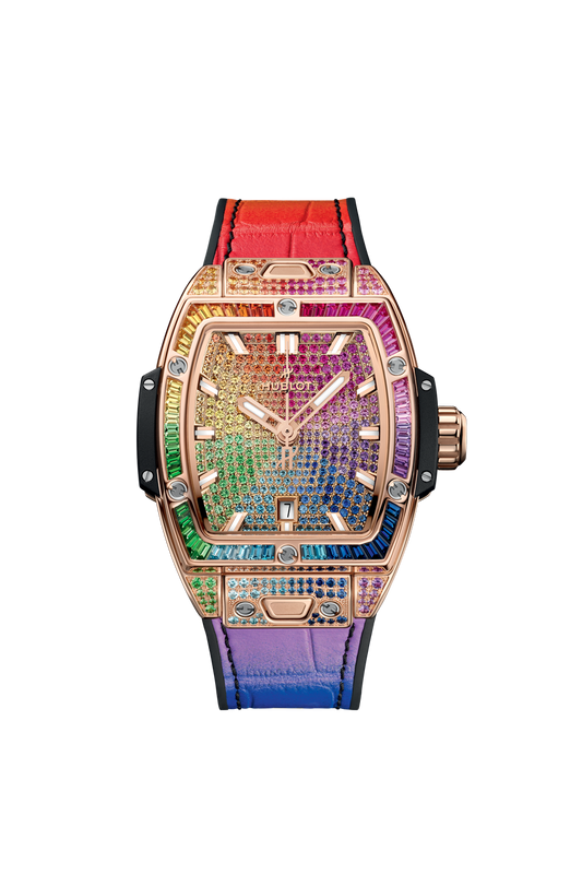 Hublot Spirit of Big Bang King Gold Rainbow 32 mm Diamond Paved Dial Polished 18K King Gold Alligator Leather Strap 682.OX.9900.LR.0999