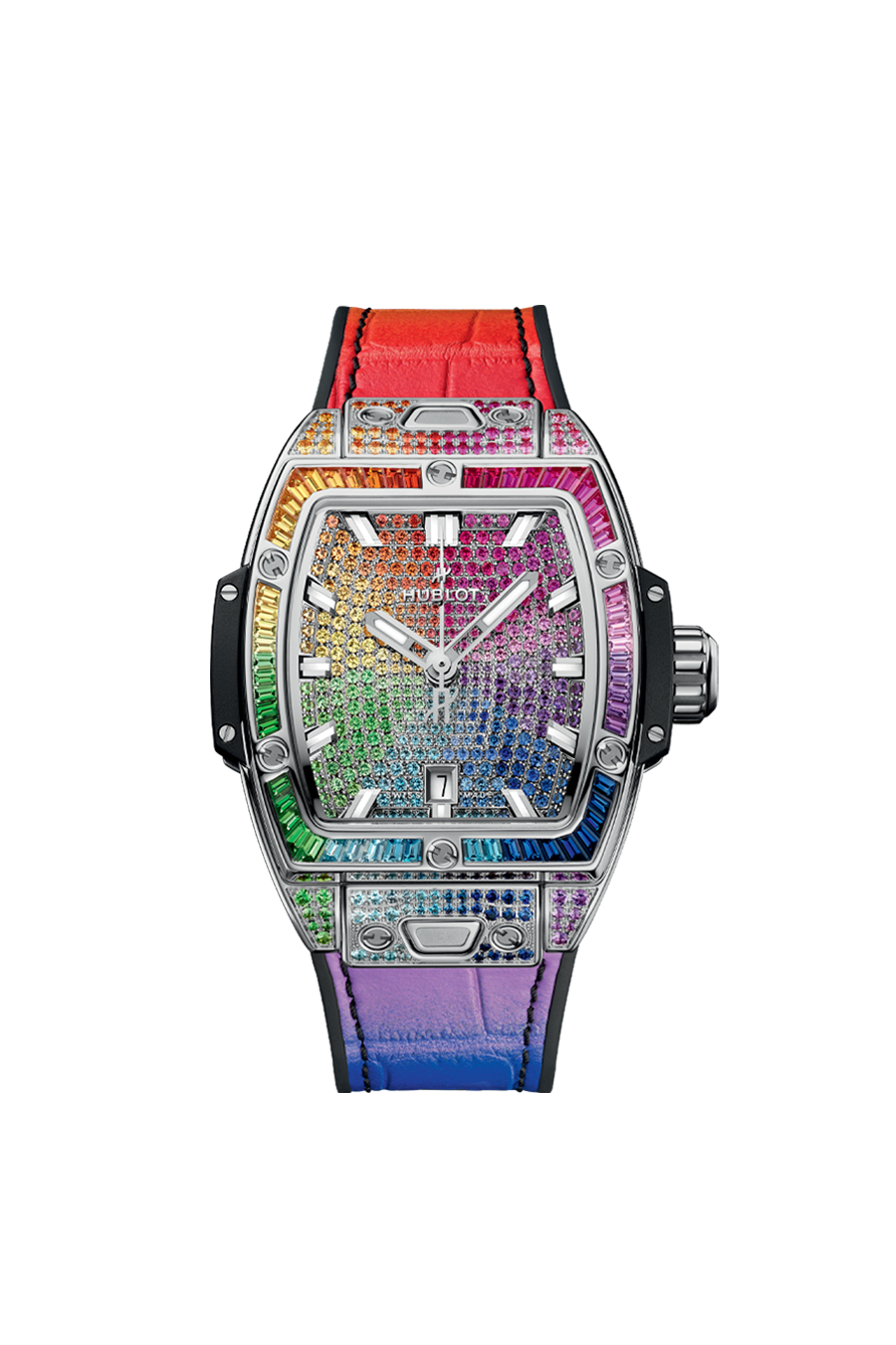 Hublot Spirit of Big Bang Steel Rainbow 32 mm Diamond Paved Dial Polished Stainless Steel Alligator Leather Strap 682.SX.9900.LR.0999