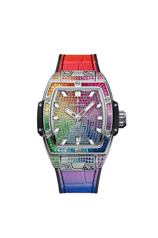 Hublot Spirit of Big Bang Steel Rainbow 32 mm Diamond Paved Dial Polished Stainless Steel Alligator Leather Strap 682.SX.9900.LR.0999