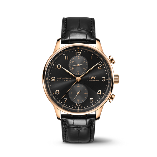 IWC Schaffhausen Portugieser Chronograph 41 mm Black Dial 18k 5N Gold Black Alligator Leather Strap IW371625