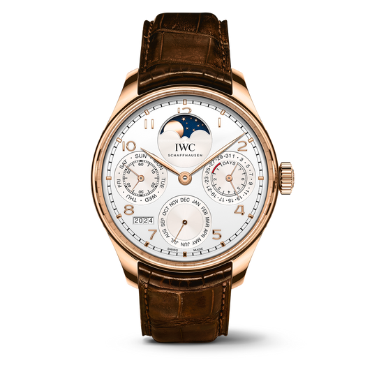 IWC Schaffhausen Portugieser Perpetual Calendar 44.2 mm Silver Dial 18k 5N Gold Dark Brown Alligator Leather Strap IW503302