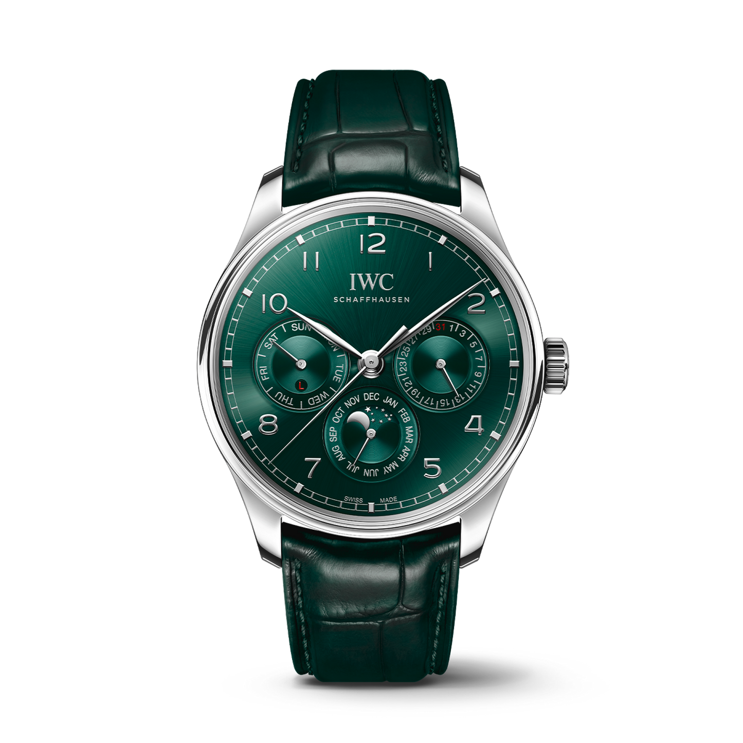 IWC Schaffhausen Portugieser Perpetual Calendar 42.4 mm Green Dial Stainless Steel Green Alligator Leather Strap IW344207