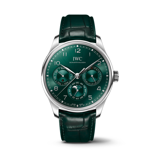 IWC Schaffhausen Portugieser Perpetual Calendar 42.4 mm Green Dial Stainless Steel Green Alligator Leather Strap IW344207