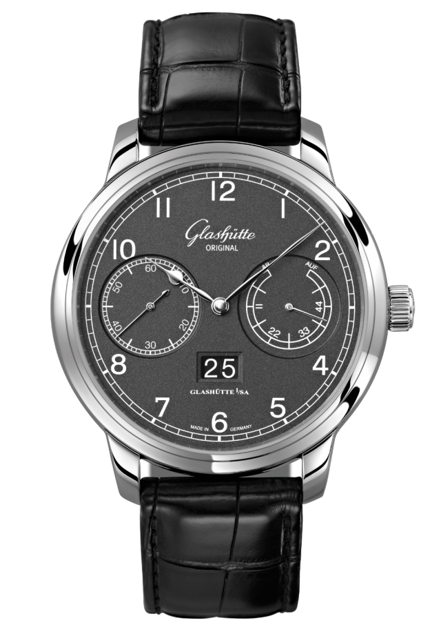 Glashuette Original Senator Observer 44 mm Grey Dial Stainless Steel Louisiana Alligator Leather Strap, Black 100-14-02-02-04