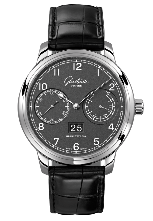 Glashuette Original Senator Observer 44 mm Grey Dial Stainless Steel Louisiana Alligator Leather Strap, Black 100-14-02-02-04