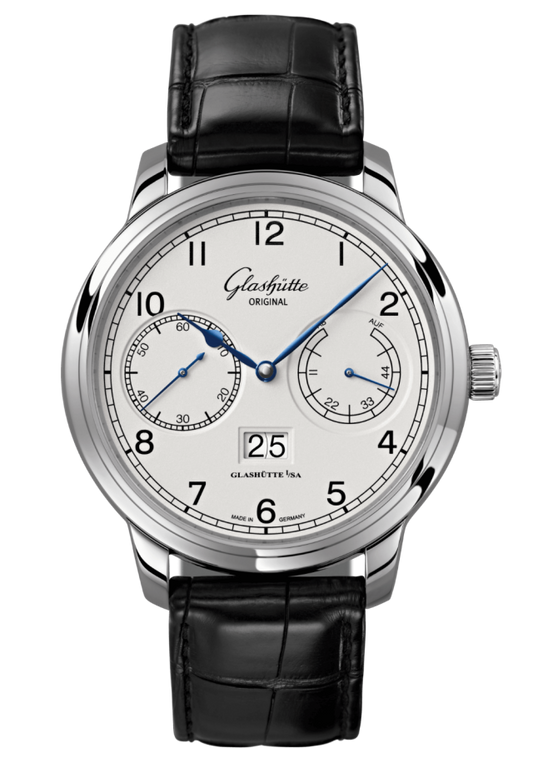 Glashuette Original Senator Observer 44 mm Silver Dial Stainless Steel Louisiana Alligator Leather Strap, Black 100-14-05-02-04