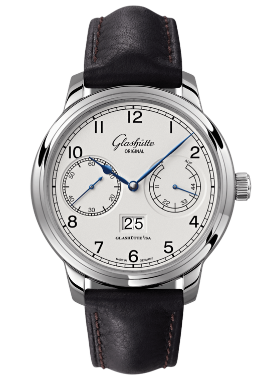 Glashuette Original Senator Observer 44 mm Silver Dial Stainless Steel Calfskin Strap, Black 100-14-05-02-05