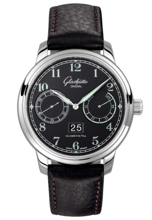 Glashuette Original Senator Observer 44 mm Black Dial Stainless Steel Calfskin Strap, Black 100-14-07-02-30