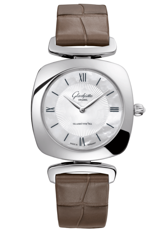 Glashuette Original Pavonina 31 mm Mother-Of-Pearl White Dial Stainless Steel Louisiana Alligator Leather Strap 1-03-02-05-02-30