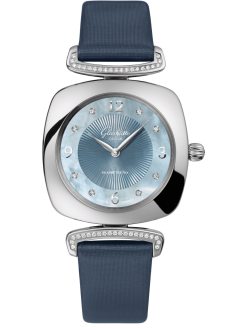 Glashuette Original Pavonina 31 mm Mother-Of-Pearl Blue Dial Stainless Steel Calfskin Strap, Grey 1-03-02-06-12-34