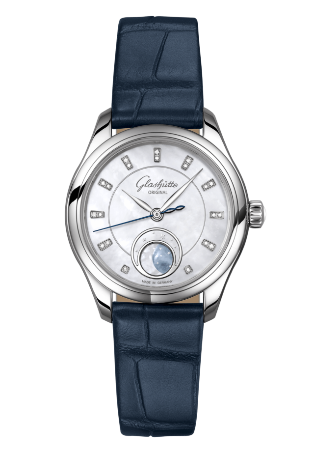 Glashuette Original Serenade Luna 32.50 mm Shimmering White Dial with Diamonds Stainless Steel Louisiana Alligator Leather Strap, Blue 1-35-14-02-02-04