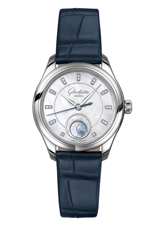 Glashuette Original Serenade Luna 32.50 mm Shimmering White Dial with Diamonds Stainless Steel Louisiana Alligator Leather Strap, Blue 1-35-14-02-02-04