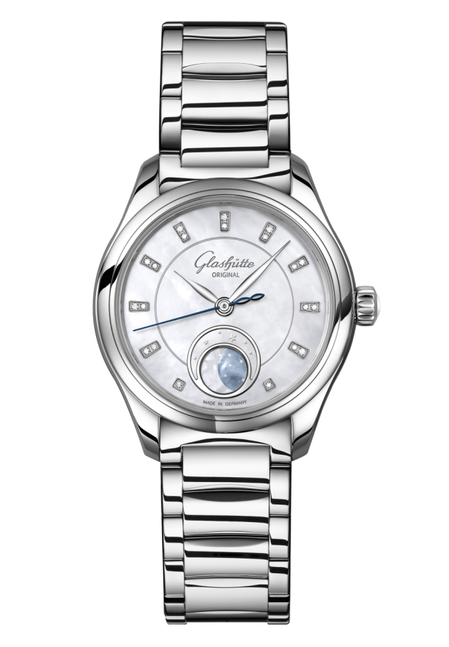 Glashuette Original Serenade Luna 32.50 mm Shimmering White Dial with Diamonds Stainless Steel Metal Bracelet 1-35-14-02-02-14