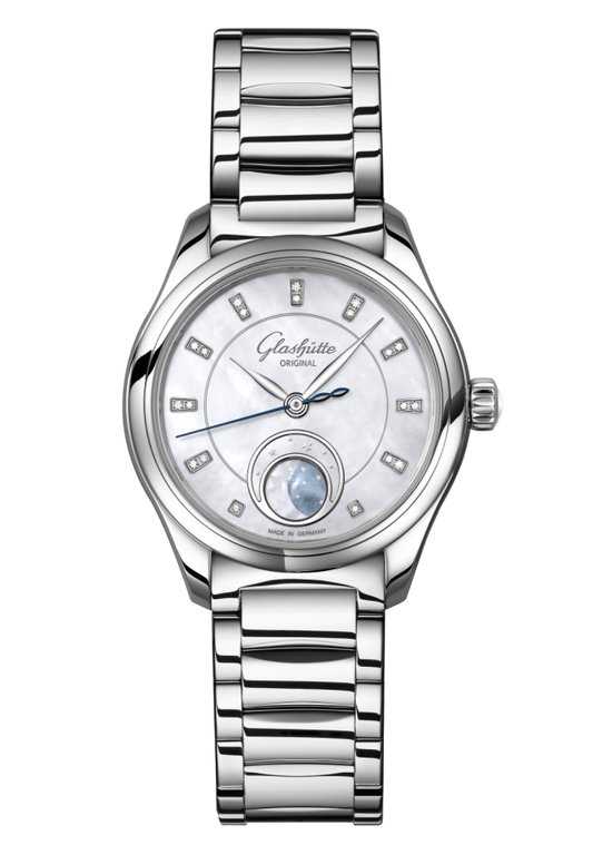 Glashuette Original Serenade Luna 32.50 mm Shimmering White Dial with Diamonds Stainless Steel Metal Bracelet 1-35-14-02-02-14