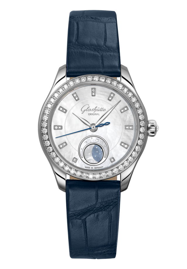 Glashuette Original Serenade Luna 32.50 mm Shimmering White Dial with Diamonds Stainless Steel Louisiana Alligator Leather Strap, Blue 1-35-14-02-12-04