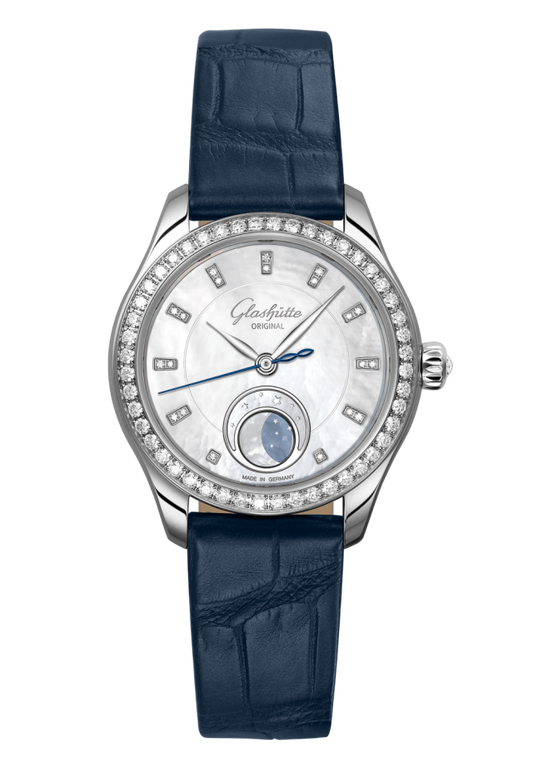 Glashuette Original Serenade Luna 32.50 mm Shimmering White Dial with Diamonds Stainless Steel Louisiana Alligator Leather Strap, Blue 1-35-14-02-12-04