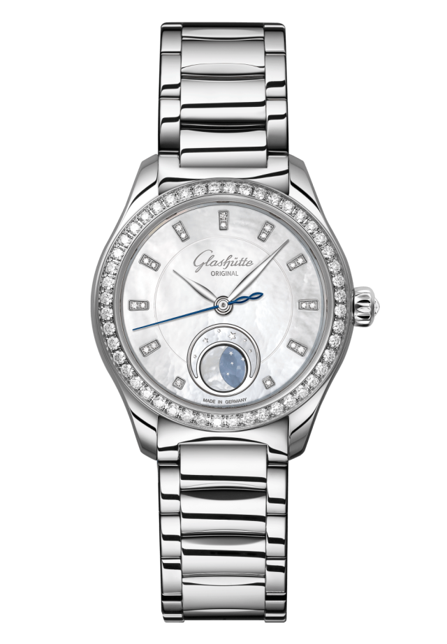 Glashuette Original Serenade Luna 32.50 mm Shimmering White Dial with Diamonds Stainless Steel Metal Bracelet 1-35-14-02-12-14