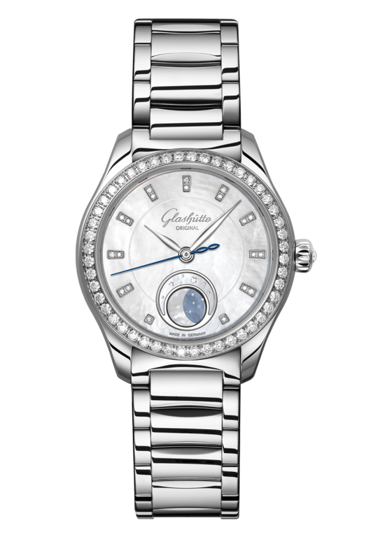 Glashuette Original Serenade Luna 32.50 mm Shimmering White Dial with Diamonds Stainless Steel Metal Bracelet 1-35-14-02-12-14