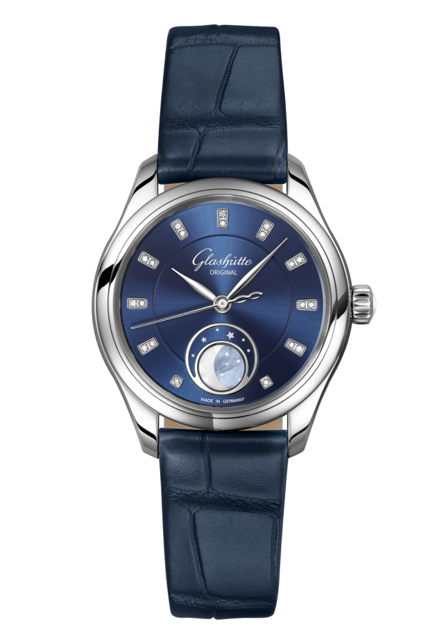 Glashuette Original Serenade Luna 32.50 mm Radiant Blue Dial with Diamonds Stainless Steel Louisiana Alligator Leather Strap, Blue 1-35-14-03-02-04