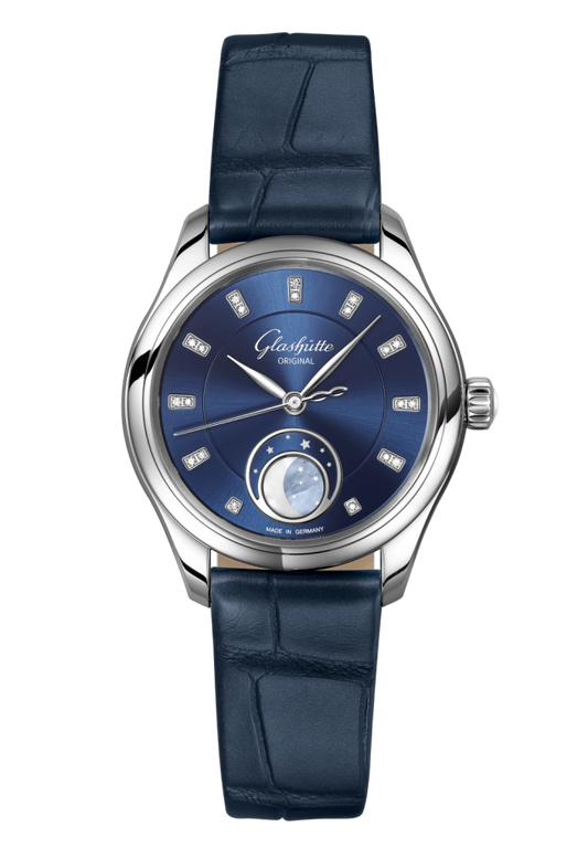 Glashuette Original Serenade Luna 32.50 mm Radiant Blue Dial with Diamonds Stainless Steel Louisiana Alligator Leather Strap, Blue 1-35-14-03-02-04