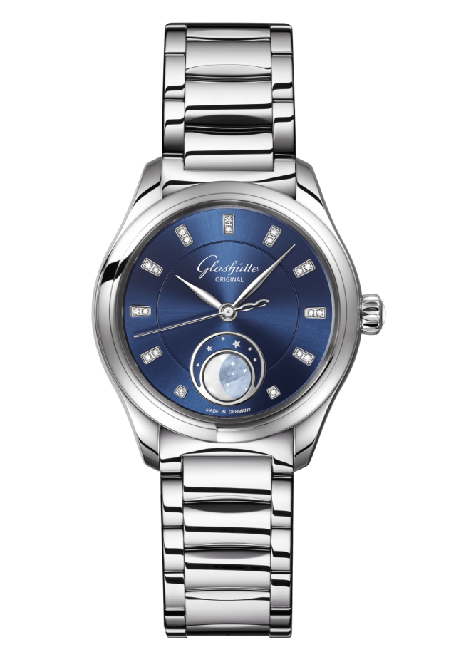 Glashuette Original Serenade Luna 32.50 mm Radiant Blue Dial with Diamonds Stainless Steel Metal Bracelet 1-35-14-03-02-14