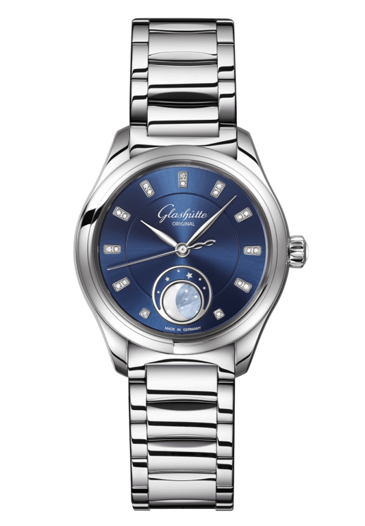 Glashuette Original Serenade Luna 32.50 mm Radiant Blue Dial with Diamonds Stainless Steel Metal Bracelet 1-35-14-03-02-14