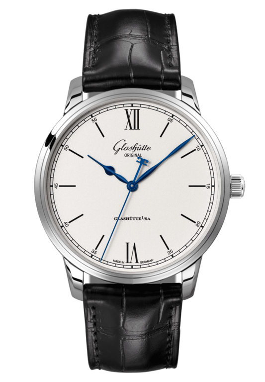 Glashuette Original Senator Excellence 40 mm White Dial Stainless Steel Louisiana Alligator Leather Strap, Black 1-36-01-01-02-61