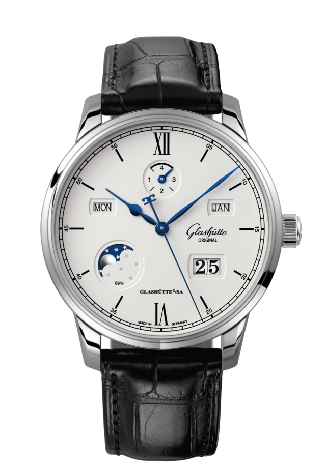 Glashuette Original Senator Excellence Perpetual Calendar 42 mm Silver Dial Stainless Steel Louisiana Alligator Leather Strap, Black 1-36-02-01-02-61