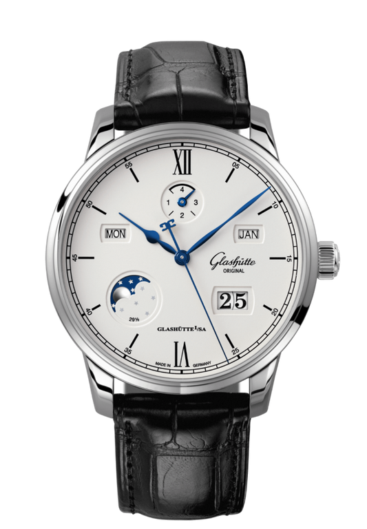 Glashuette Original Senator Excellence Perpetual Calendar 42 mm Silver Dial Stainless Steel Louisiana Alligator Leather Strap, Black 1-36-02-01-02-61