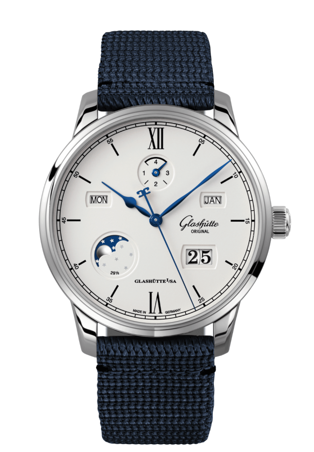 Glashuette Original Senator Excellence Perpetual Calendar 42 mm Silver Dial Stainless Steel Synthetic, Blue Strap 1-36-02-01-02-64