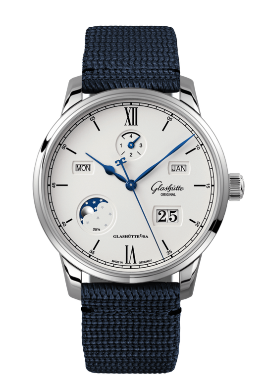 Glashuette Original Senator Excellence Perpetual Calendar 42 mm Silver Dial Stainless Steel Synthetic, Blue Strap 1-36-02-01-02-64