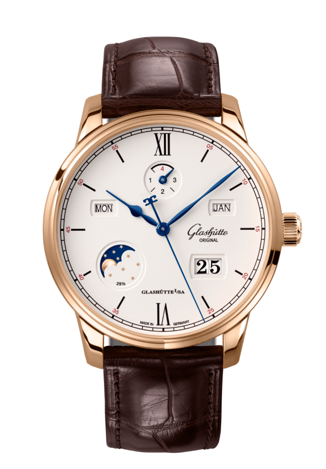 Glashuette Original Senator Excellence Perpetual Calendar 42 mm Silver Dial Red Gold Louisiana Alligator Nubuk Leather Strap, Brown 1-36-02-02-05-61